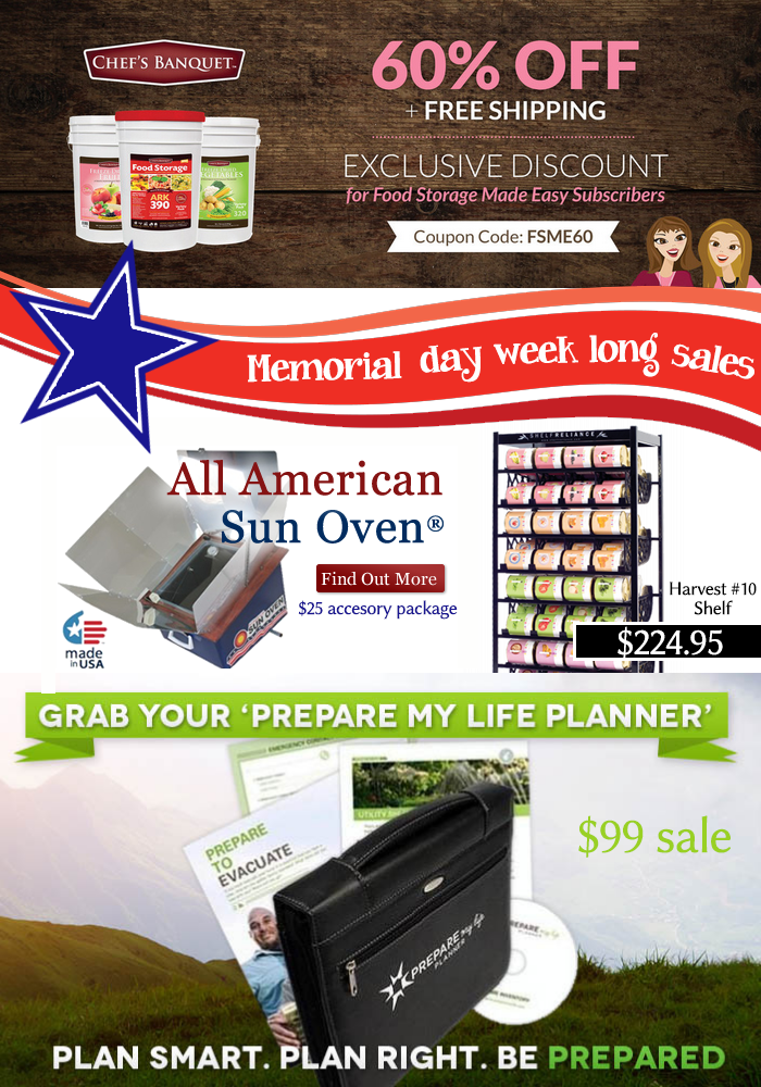Memorial Day week long sales on food storage and preparedness items